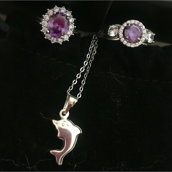 NEW Sterling Silver Dolphin Necklace and 2 Amethyst Rings Size 5 Bundle 🐬💜✨ - Picture 1 of 6